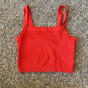 Red Ribbed Square-Neck Crop Tank Top